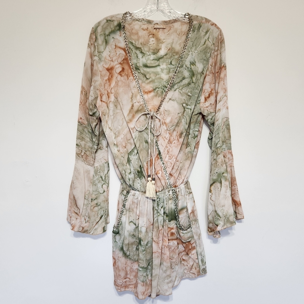 Khush Kaia Beaded Tie Dye Bell Sleeve Romper M Green & Petal Pink Boho Rayon